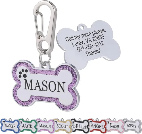 Miniatura 13 de Etiquetas de identificación de mascotas personalizadas de acero inoxidable con diseño de hueso brillante - Etiquetas de perro profundamente grabadas