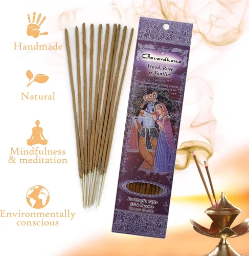 Miniatura 7 de Prabhuji's Gifts Radha, Bhagavan, Govardhana Varillas de incienso espiritual enrolladas a mano – Varillas aromáticas – para meditación, yoga