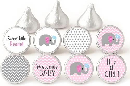 Etiquetas de elefante para niña de Hershey's Kiss Chocolates por Adore By Nat - Calcomanías de caramelo para baby shower - Juego de 240