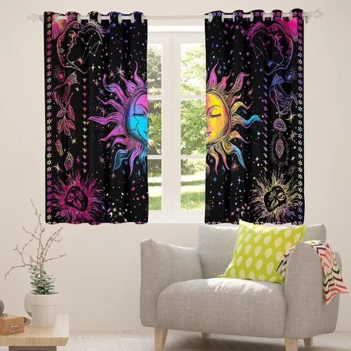 Miniatura 3 de Cortinas opacas con diseño de galaxia psicodélica, estilo bohemio, sol, luna, arcoíris, teñido anudado, 84 pulgadas de ancho x 63 pulgadas de largo