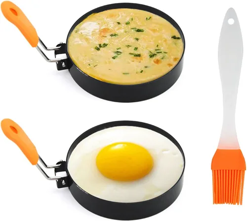 Anillos redondos para huevos para freír huevos, paquete de 2 anillos de huevo de 3.5 pulgadas con mango de silicona, molde de huevo para sándwiches