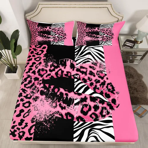 Manfei Sábana bajera ajustable de labios de rosa, tamaño individual, funda de cama con estampado de cebra de leopardo con 1 funda de almohada, juego