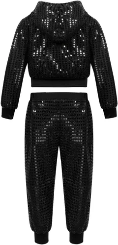 Miniatura 2 de inhzoy Conjunto de lentejuelas para niña, danza callejera, hip hop, danza, rendimiento, con capucha y pantalones de harén