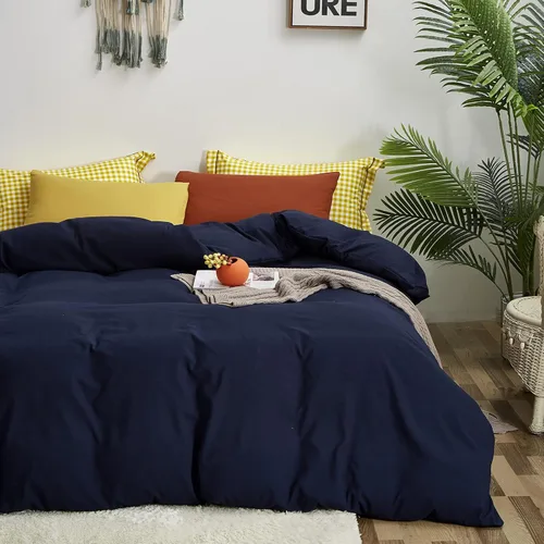 Miniatura 4 de Luxlovery Juego de edredón azul marino, tamaño King, de algodón, suave, transpirable, acogedor, con 1 funda de almohada color amarillo y 1 funda
