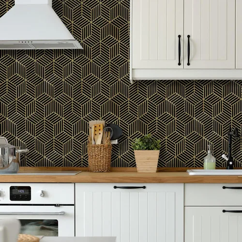 Miniatura 8 de WENMER Papel tapiz hexagonal geométrico de 17.7 x 118 pulgadas, para despegar y pegar, papel de contacto geométrico extraíble negro y dorado