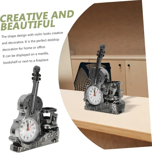 Miniatura 8 de BESTOYARD Reloj despertador de violín con soporte para bolígrafo, reloj de mesa analógico alimentado por batería, 8.66 x 5.90 x 1.96 pulgadas, 5.85