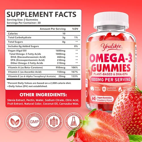 Miniatura 2 de Gomitas veganas Omega-3 de 1000 mg, alternativa al aceite de pescado Omega 3 para adultos, DHA a base de plantas de 460 mg y EPA 230 mg con vitamina