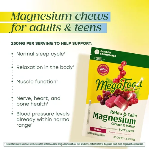 Miniatura 3 de MegaFood Relax + Calm - Masticables suaves de magnesio - Suplemento de magnesio de citrato y malato - Sin gluten, vegetariano y hecho sin lácteos ni