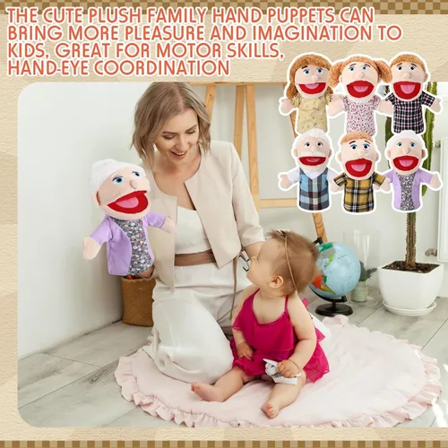 Miniatura 7 de Lenwen 6 piezas de marionetas de miembros de la familia de felpa suave para narración, juego, enseñanza, regalos para Navidad (piel clara)