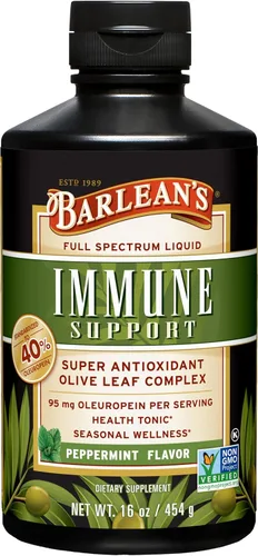 Barlean's Suplemento líquido de apoyo inmunológico con complejo de hoja de olivo de menta, 95 mg de antioxidantes de oleuropeína, 16 onzas
