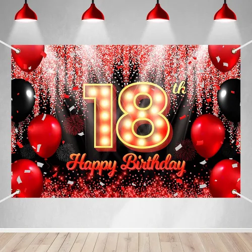 Miniatura 18 de Telón de Fondo Banner de Feliz 10º Cumpleaños Tema Negro y Rojo con Fondo de Neón Brillante y Moda para Fiesta de Cumpleaños Fotografía Accesorio