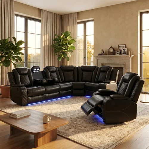 Miniatura 11 de Sofá modular reclinable eléctrico para sala de estar, moderno juego de sofá modular de cuero negro en forma de L, juego de sofá reclinable