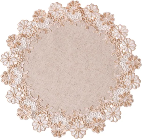 Miniatura 11 de Manteles europeos de encaje jacquard antiguo, pequeño, de lino bordado de granja, bufanda, mantel rústico (forma de flor, diámetro de 15.7 pulgadas)