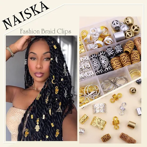 Miniatura 2 de NAISKA 184 piezas de joyería GoldHair para trenzas, aleación de metal, clips de trenza de serpiente, accesorios para rastas, adornos de Loc, cuentas