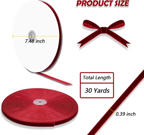 Miniatura 3 de BokingOne Cinta de terciopelo rojo vino, 3/8 pulgadas x 30 yardas, cinta de terciopelo de nailon burdeos para envoltura de regalos, bodas