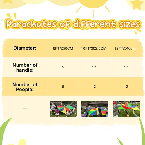Miniatura 7 de Sonyabecca Juego de paracaídas para niños de 8 pies, 10 pies, 12 pies, 16 pies, 20 pies para 8 a 12 años, juego de fiesta para niños