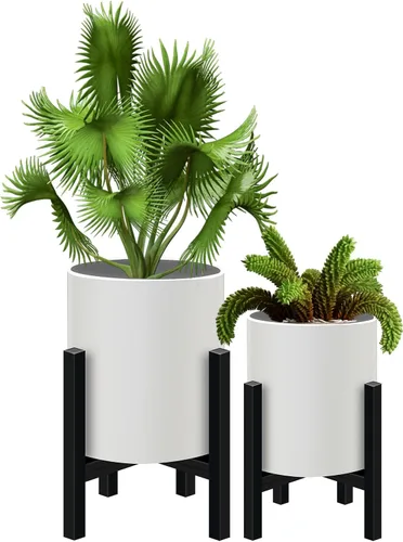 Juego de 2 macetas con soportes, macetas de mediados de siglo para plantas de interior, macetas decorativas modernas para flores para balcón, Blanco