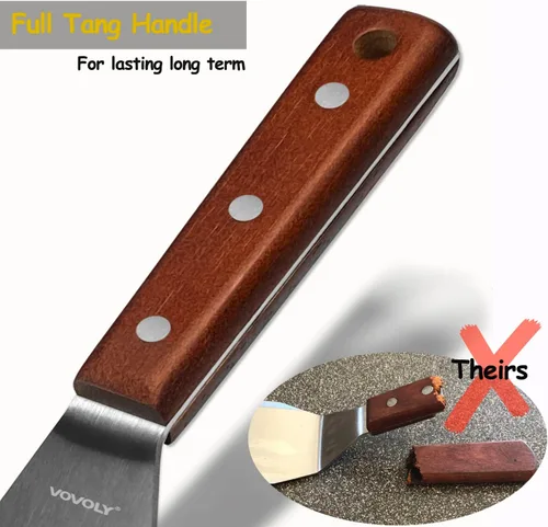 Miniatura 5 de Espátula de metal profesional para sartenes de hierro fundido y parrillas de parte superior plana, mango de silicona de espiga completa, hoja