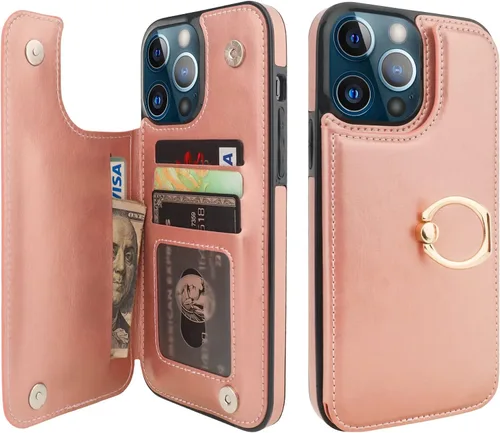 Miniatura 20 de ONETOP Funda tipo cartera para iPhone 13 Pro Max con soporte para tarjetas, anillo de rotación de 360°, función atril, bloqueo RFID, piel sintética