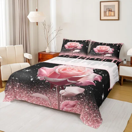Manfei Juego de sábanas de rosas rosas 3D tamaño individual, juego de ropa de cama brillante con purpurina rosa para decoración de habitación de