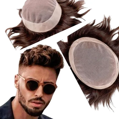 Miniatura 18 de Monofilamento de cabello humano fino para hombre, peluca de monofilamento NPU para hombre, 5 x 7 pulgadas, color marrón oscuro #3 #3 Color marrón