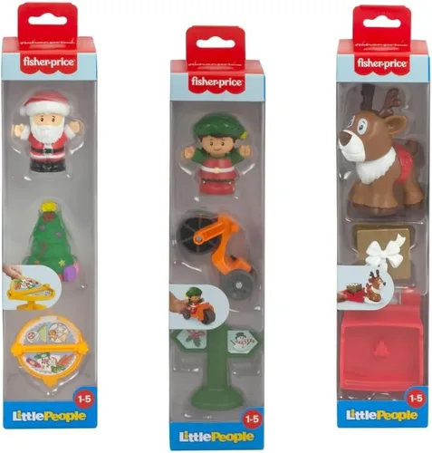 Mattel Fisher‑Price Little People 2023 - Juego completo de figuras navideñas de 3 paquetes – reno, trineo y regalo; elfo y triciclo; Papá Noel y