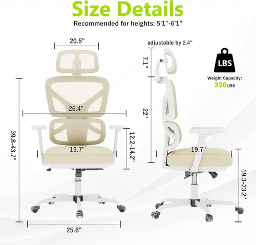 Miniatura 2 de Silla de oficina ergonómica de malla con soporte lumbar y reposacabezas, silla de computadora con respaldo alto con reposabrazos y bloqueo de Beige