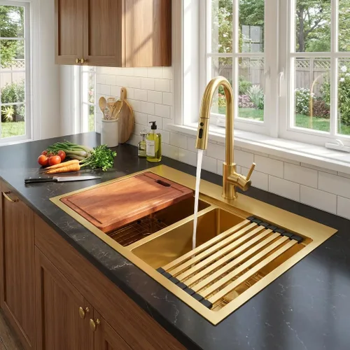Miniatura 19 de LQS Fregadero de cocina dorado de 32 x 18 pulgadas, fregaderos de cocina empotrados, fregaderos de acero inoxidable de doble tazón 50/50