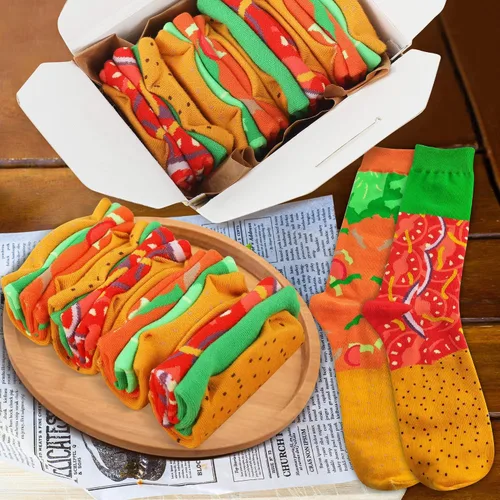 Miniatura 2 de AGRIMONY Divertidos calcetines con diseño de hamburguesa y hotdog con tacos y palomitas de maíz, calcetines de comida novedosos para cumpleaños