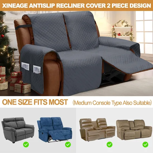 Miniatura 3 de XINEAGE Funda reclinable resistente al agua, fundas de loveseat reclinable de 2 asientos con bolsillos, funda protectora acolchada gruesa para Gris