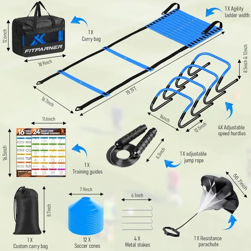 Miniatura 2 de Agility Ladder, Soccer Football Training Equipment Set - 20ft Speed Ladder, 4 Hurdles,Parachute, 12 Cones & Jump Rope Agility & Speed Training for