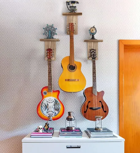 Miniatura 2 de Keebofly 2 unidades de colgador de pared para guitarra con estante de madera y soporte para púa para guitarra acústica, eléctrica, ukelele, bajo