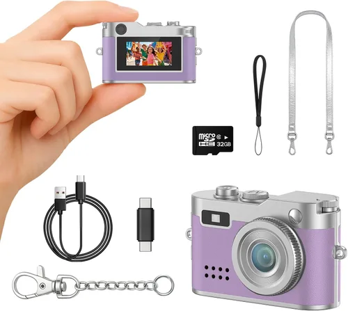 Miniatura 12 de Mini cámara retro con video de 1080P, fotos de 12 MP, cámara digital con llavero, cámara pequeña ultracompacta con tarjeta SD de 32 GB, adaptador