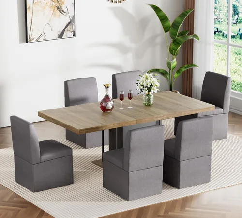 Miniatura 25 de Juego de mesa de comedor extensible para mesa de cocina extensible de 4, 5 piezas y 4 sillas de almacenamiento ocultas de lino tapizadas de madera