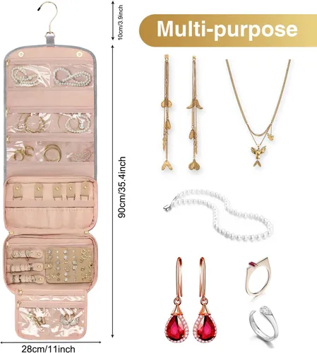 Miniatura 4 de Rollo organizador de joyas de viaje con bolsillos con cremallera, bolsa grande para colgar joyas para anillos, aretes, collares, pulseras, broches