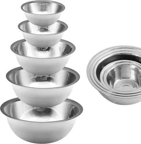 Juego de 5 tazones de mezcla de acero inoxidable, juego de cuencos para batir anidar para cocinar, hornear, servir, preparación de alimentos y