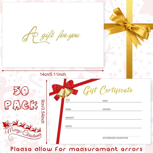 Miniatura 3 de Spiareal 50 juegos de certificados de regalo de Navidad en blanco con 50 sobres de regalo a juego, cinta roja de 3.5 x 5.5 pulgadas, tarjetas