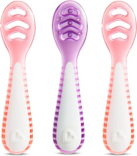 Cucharas Munchkin® Gentle Dip™ para bebés para autoalimentación y destete con luz LED, paquete de 3, rosa/morado Rosado/Púrpura