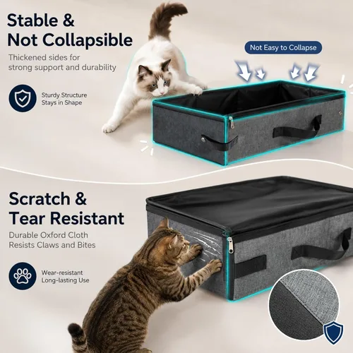 Miniatura 5 de HiCaptain Caja de arena portátil para gatos, caja de arena de viaje para gatos con tapa y asa, transportador de arena plegable portátil estándar