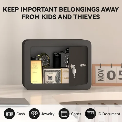 Miniatura 7 de Caja fuerte pequeña, mini caja de seguridad con cerradura de llave, caja fuerte de pared cúbica de 0.23 para joyas en efectivo, cajas fuertes