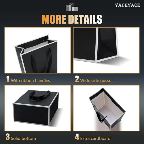 Miniatura 4 de YACEYACE Bolsas de regalo negras con asas, 10 bolsas a granel de 8 x 4 x 10.5 pulgadas para fiestas, cumpleaños, bodas, venta al por menor