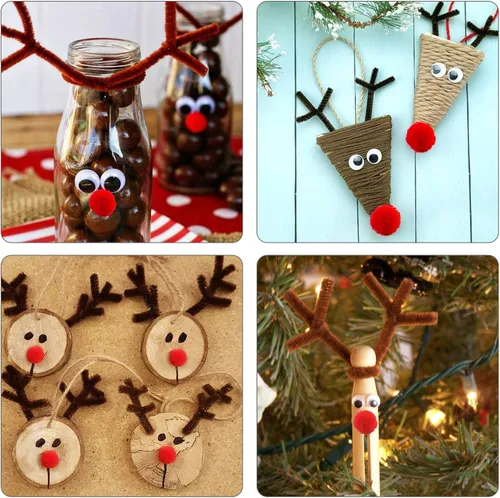 Miniatura 7 de TUPARKA Juego de 650 piezas de renos de Navidad, incluye 70 limpiadores de pipas marrones, 320 ojos saltones y 260 pompones rojos, narices rojas