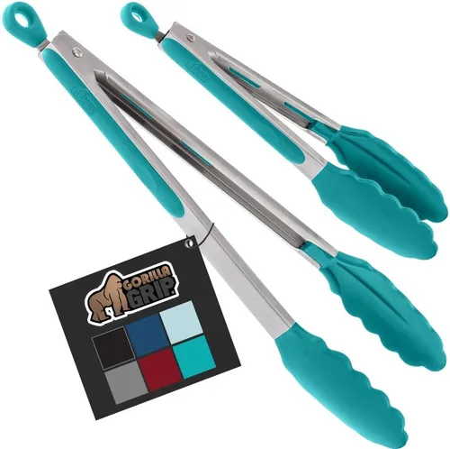 Miniatura 15 de GORILLA GRIP Pinzas de cocina de acero inoxidable resistentes al calor para cocinar, 9 + 12 pulgadas, juego de 2 pinzas para barbacoa, punta