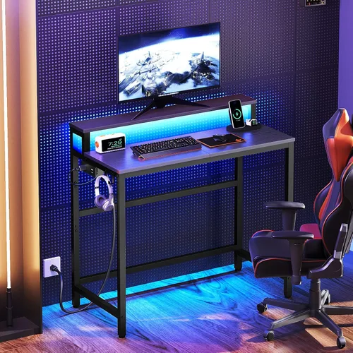 Miniatura 2 de YATINEY Escritorio pequeño para computadora con estación de carga y luces LED, escritorio para juegos con soporte para monitor, escritorio