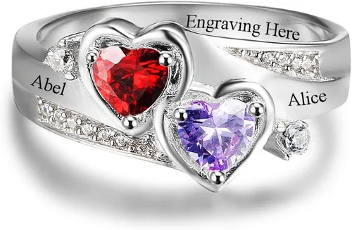 Anillo de plata de ley con piedras de nacimiento, anillos de piedra natal personalizados para mujeres, mamá, nombres grabados, anillos de promesa