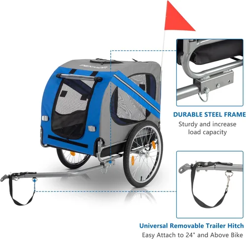 Miniatura 5 de PEXMOR Remolque de bicicleta para perros, carrito plegable para mascotas con enganche universal, transporte de carga para perro y ruedas de Azul