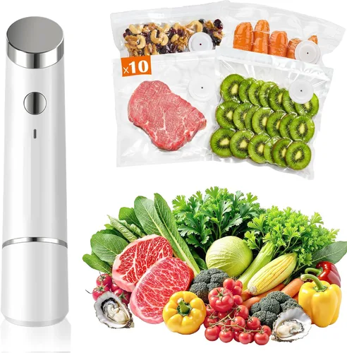 Sellador al vacío portátil para alimentos, 10 bolsas selladoras reutilizables con una potente máquina selladora al vacío de mano de 60 kPa, sellador