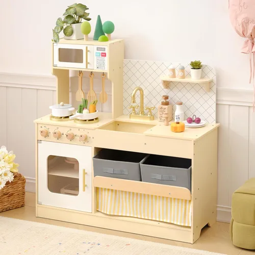 OOOK Juego de cocina de madera con sistema de almacenamiento, cocina para niños con muchas características de juego, juego de cocina para niños