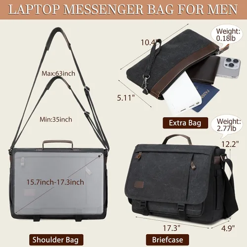 Miniatura 2 de Bolso de Mensajero de 17.3 Pulgadas para Hombre: 2 Piezas Bolso para Laptop de Cuero PU y Tela de Lona Maletín de Trabajo Grande para Oficina