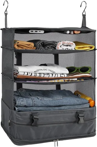 Surblue Bolsa de almacenamiento plegable para armario, 3 estantes, tela Oxford lavable con 2 ganchos (XL 17.71 x 11.81 x 20 pulgadas, gris)